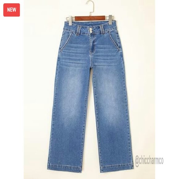 High Waisted Wide Leg Straight Jeans Stretch Denim Tummy Control - Picture 6 of 7